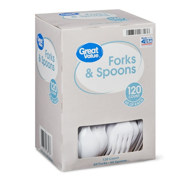 Great Value Everyday White Cutlery Forks & Spoons, 120 Count