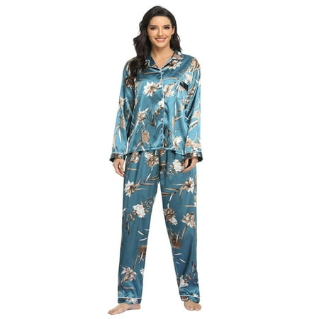 Women s Satin Pajama Set Button Down Sleepwear Long