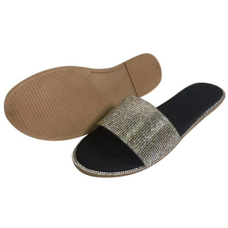 HSMQHJWE Casual Slipper Flats with Rhinestone Slipper -HSMQHJWE Women s Open Toe Flat Sandals Slides Slip on Shoes for Summer (Black 7)