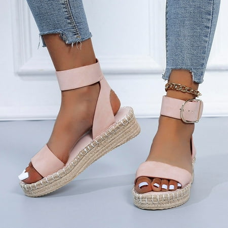 

Summer Ladies Shoes Slope Heel Thick Soled Straw Woven Metal Buckle Women s Sandals