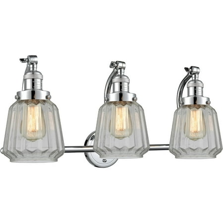 Polished Chrome Tone Bathroom Vanity 28 Wide Clear Glass Steel/Cast Brass Medium Base LED 3 Light Fixture
Polished Chrome Tone Bathroom Vanity 28 Wide Clear Glass Steel/Cast Brass Medium Base LED 3 Light Fixture