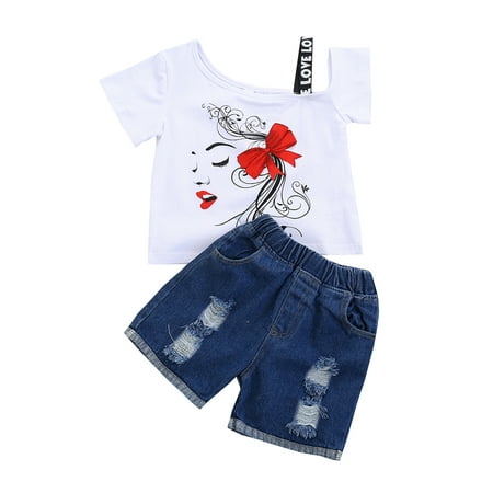 FINELOOK Kid s Printed Round Neck Short Sleeve T-Shirt with Denim Shorts