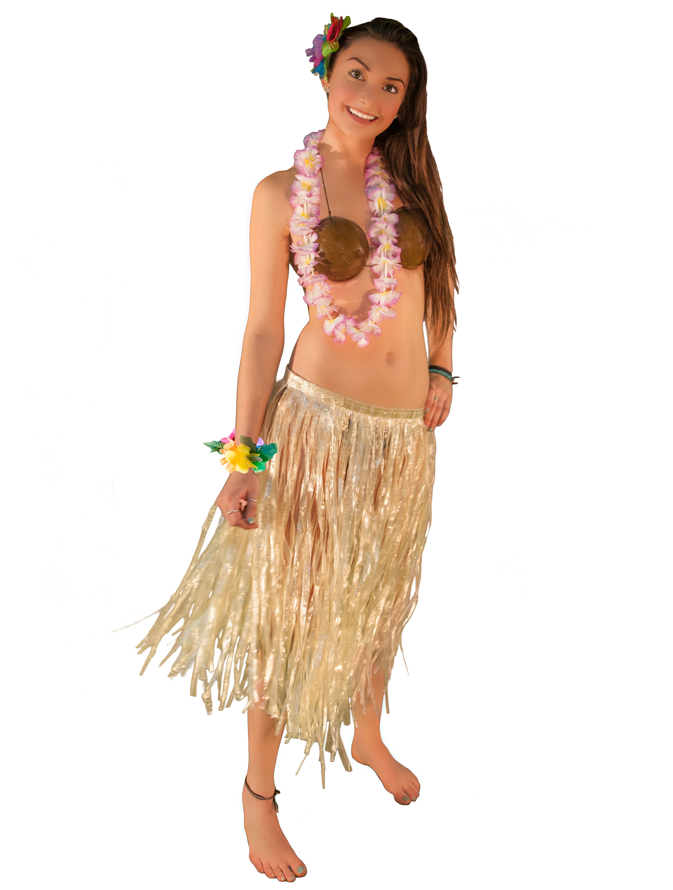 Hawaiian Luau Party Grass Skirt Coconut Bra Lei Pc Hula Girl Costume
