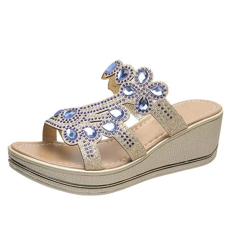 VKEKIEO Women Ladies Crystal Wedges Thick Peep Toe Sandals Slippers Shoes