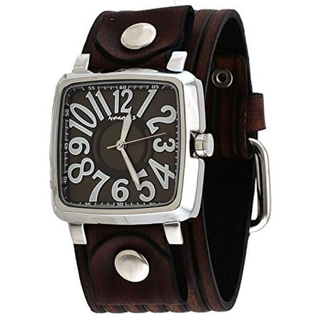 VEBB218B Sqaure Big O Numbers Brown Dial Wide Leather Cuff Band Watch