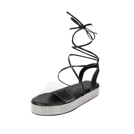 Rdeuod Sandals For Women Women S New Lace-Up Rhinestone Flat Beach Shoes