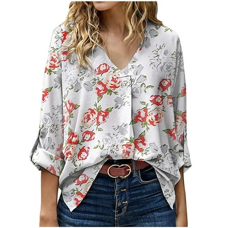 

HSMQHJWE Scoop Neck Tee T Shirts Short Sleeve For Women Women S Tops V Neck Flower Print Top Casual Long Sleeved Shirt Blouse Loose Soft Elegant Shirt Top Under Scrub Tee