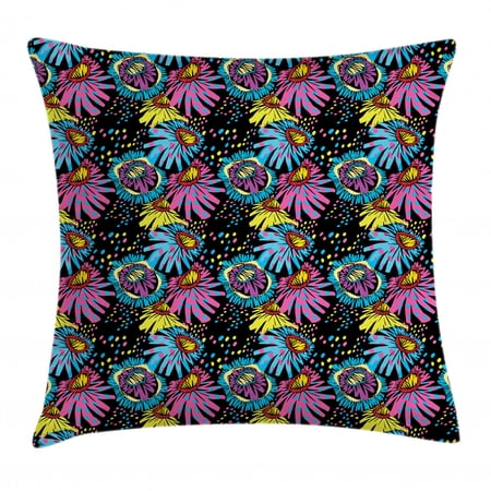 Flower Throw Pillow Cushion Cover, Ornamental Composition of Blossoming Flower Sixties Style Colorful Cartoon Design, Decorative Square Accent Pillow Case, 20" X 20", Multicolor, by Ambesonne