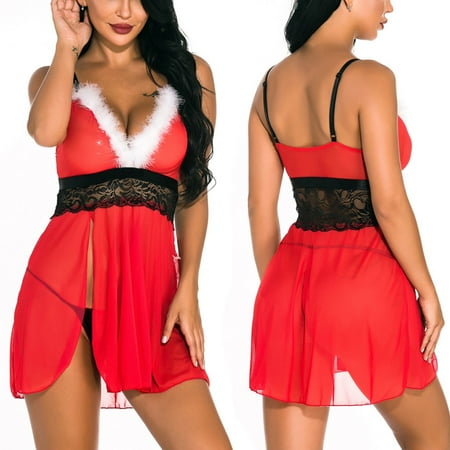 UDAXB Lingerie New Christmas Lingerie for Women Sexy Lace Nightdress Sleepwear With Thong Set