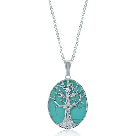 Beaux Bijoux Sterling Silver Turquoise Tree of Life Oval Pendant with 18 Chain (Multiple colors available)