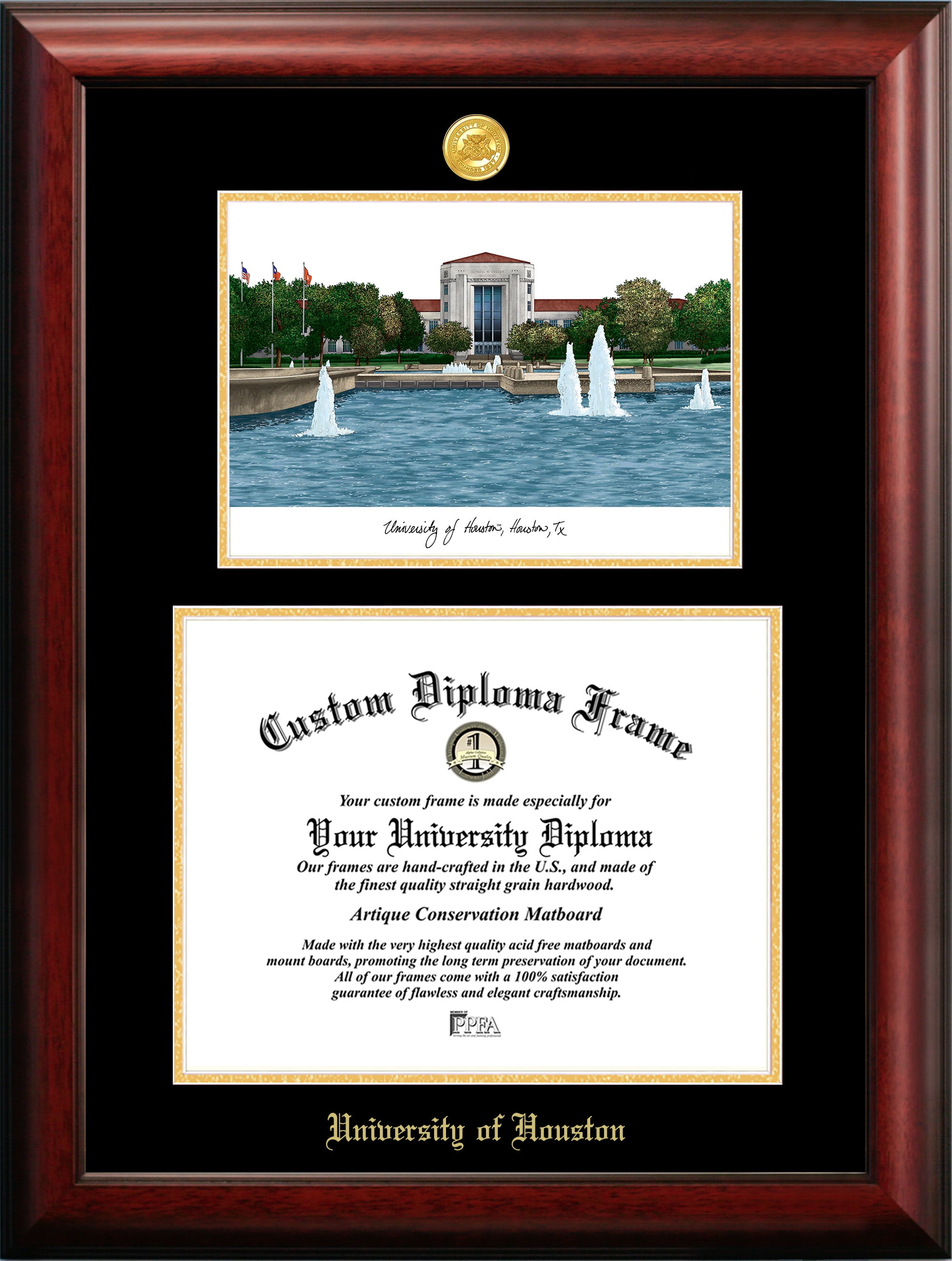 University Of Houston X Gold Embossed Diploma Frame With Campus