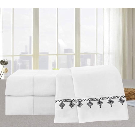 Elegant Comfort Evil-Eye Embroidered Collection 4-Piece Bed Sheet & Pillowcase Set, Soft Double Brushed Microfiber 100% Hypoallergenic, Wrinkle and Fade Resistant King White