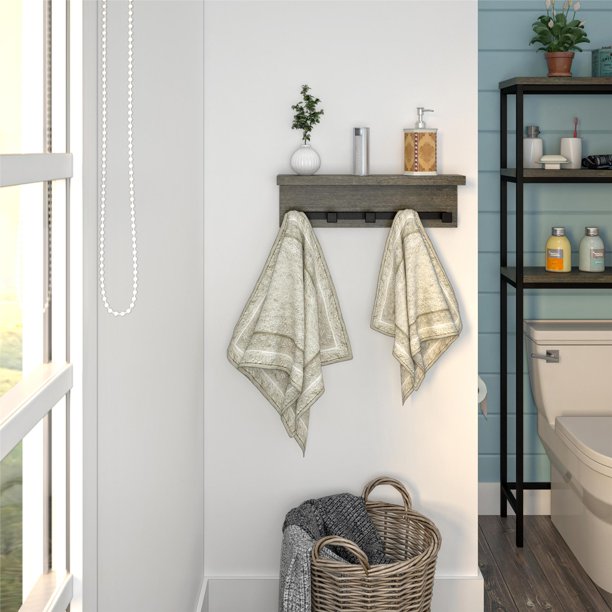 SystemBuild Arris Wall Shelf with Hooks, Weathered Oak