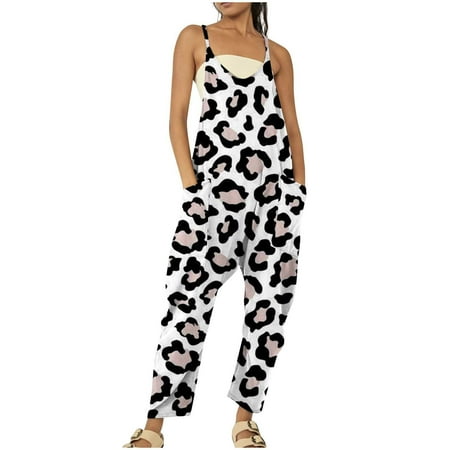 YanHoo Women s Casual Jumpsuits Casual Spaghetti Strap Sleeveless V Neck Romper Loose Wide Leg Pant Baggy Overalls with Pockets