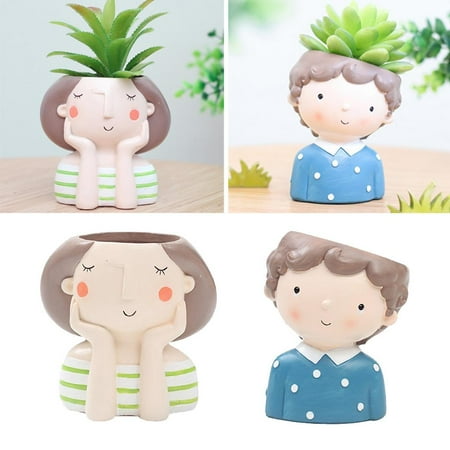 2x Small Resin Plant Pots Holder Flowerpot girls and boys Garden Outdoor Indoor