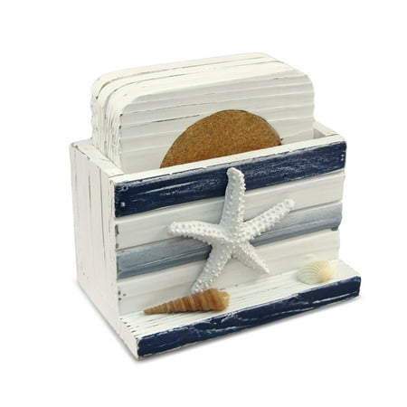 Cota Global Nautical Light Blue Stripes Wood Drink Coasters 4 inch