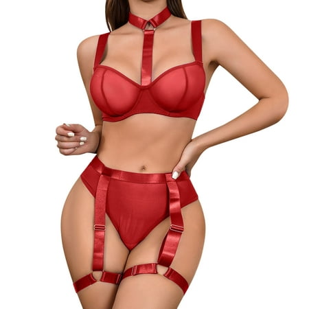 

XHJUN Lingerie Sets for Women Sexy Naughty Lace Garter Lingerie Set Teddy Babydoll Strappy Bra and Panty Set Red M