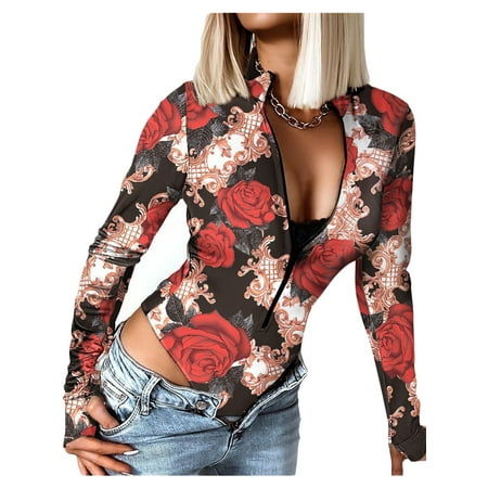 Women Leotard Bodysuit Vintage Flower Print Long Sleeve Turtleneck Jumpsuit Slim Fit V Neck Zip up Bodysuit Tops
Women Leotard Bodysuit Vintage Flower Print Long Sleeve Turtleneck Jumpsuit Slim Fit V Neck Zip up Bodysuit Tops