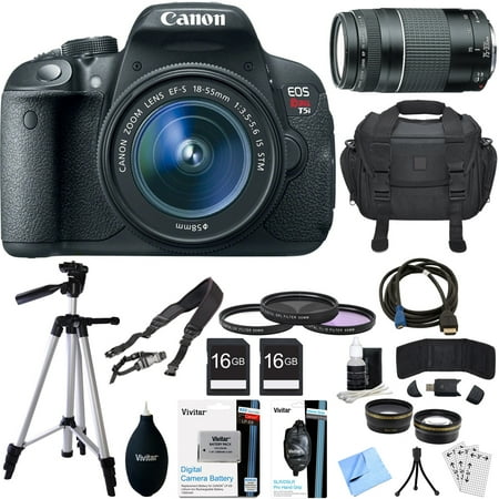 Canon EOS Rebel T5i 18MP DSLR Camera + EF-S 18-55mm IS STM Lens Deluxe Bundle includes Rebel T5i, 18-55mm Lens, 75-300mm Lens, Bag, Cleaning Kit, Tripod, 55mm Filter Kit, Beach Camera Cloth and More! Canon EOS Rebel T5i 18MP DSLR Camera + EF-S 18-55mm IS STM Lens Deluxe Bundle includes Rebel T5i, 18-55mm Lens, 75-300mm Lens, Bag, Cleaning Kit, Tripod, 55mm Filter Kit, Beach Camera Cloth and More!