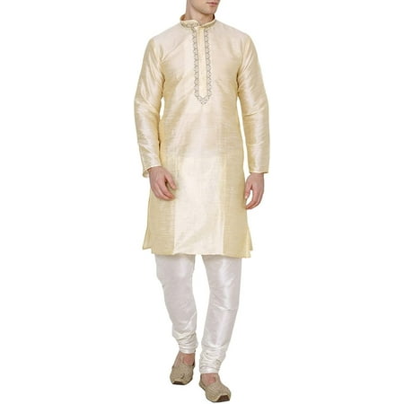 Royal Mens Silk Blend Neck Thread Embroidery Kurta Pyjama Set Gold