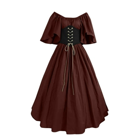 

Dress with Corset Flare Sleeve Traditional Dress Solid Color Short Sleeve O-Neck Lace-up Medievals Vintage Dresses Coffee_003 XXXXL