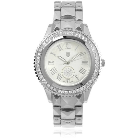 Journee Collection Women's Rhinestone Round Face Roman Numeral Metal Link Fashion Watch, Silver