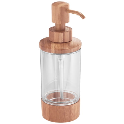 InterDesign Formbu Soap and Lotion Dispenser Pump, for Kitchen or Bathroom Countertops, Clear/Natural Bamboo