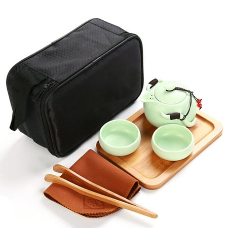 

NUOLUX Portable Travel Tea Set Porcelain Kung Fu Tea Ware with a Teapot & 2 Teacups & Tea Tray & Tea Cloth & Tea Tong & Travel Bag - Green