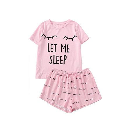 Women s Sleepwear Round Neck Closed Eyes Print Tee and Shorts Pajama Set