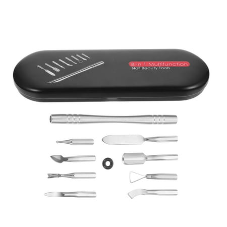 NUOLUX 1Set 8-in-1 Silver Manicure Push Tool Stainless Steel Cuticle Trimmer Black