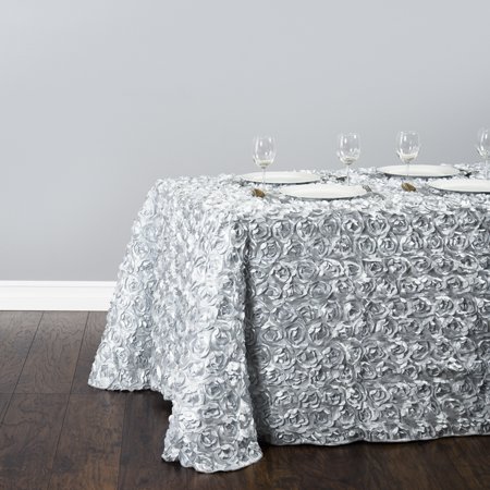 88 x 154 in. Rectangular Rosette Satin Tablecloth Silver