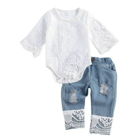 SYNPOS 0-24Months Baby Girls Pants Set Ruffles Sleeve Lace Romper + Denim Ripped Jeans Outfits
SYNPOS 0-24Months Baby Girls Pants Set Ruffles Sleeve Lace Romper + Denim Ripped Jeans Outfits