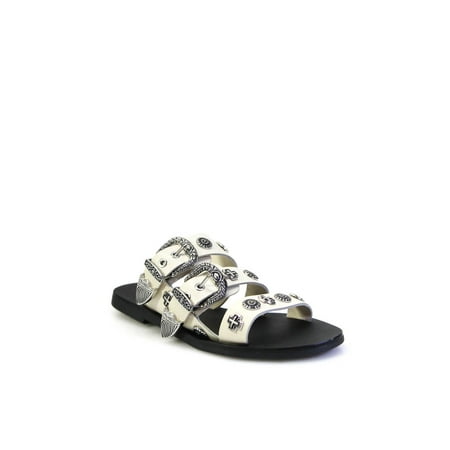 Sol Sana Womens Leather Studded Buckle Up Slides Sandals Ivory Size 35 5