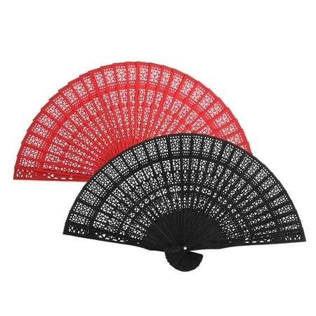 2x Classic Wedding Party Dyed Wood Hollow Carved Foldable fan for hand 2 Colours