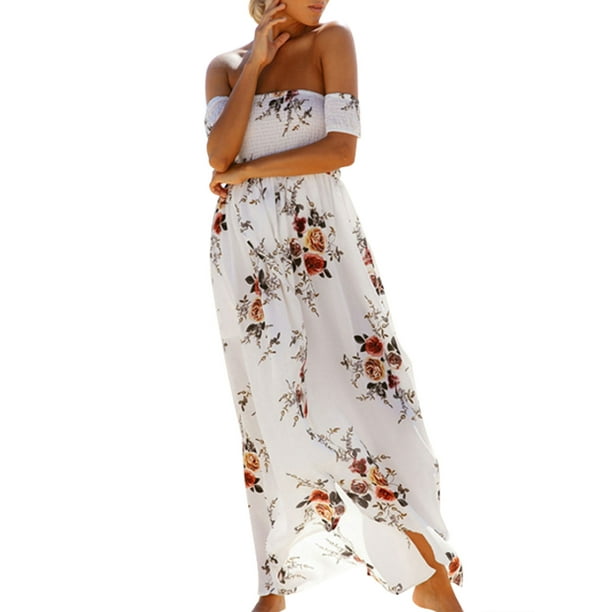 Women Off Shoulder Dress Ladies Floral Printed Beach Party Evening Sundress Front Slit Long Maxi Dress