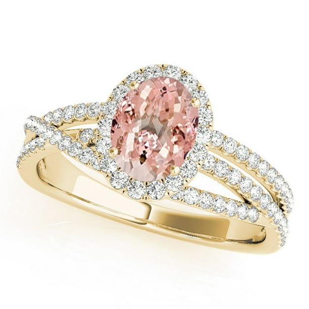 1.15 Ct. Ttw Halo Diamond And Oval Shape Morganite Ring In 10k Yellow Gold