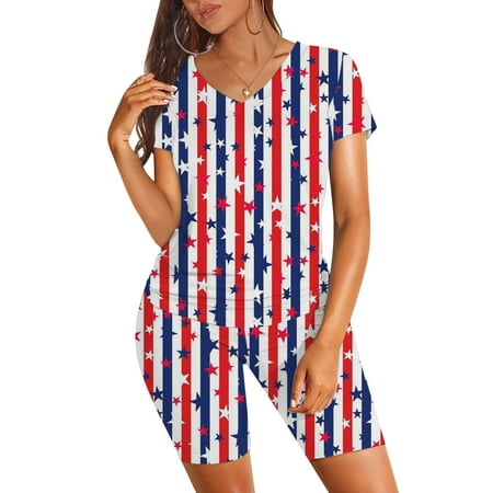 4Th Of July Shirts Womens Summer Tops Women Independence Day Print Casual Short Sleeve Top Short Pants Pajama Set