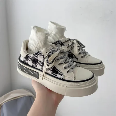 Women‘s Casual Sneakers Thick And Soft Sole Casual Shoes Plaid Panel Sports Shoes
