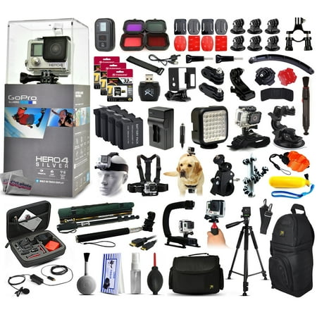 GoPro Hero 4 HERO4 Silver Edition CHDHY-401 with 160GB Memory + WiFi Remote + Filters + 4 Batteries + Skeleton Housing + Microphone + X-Grip + LED Light + Car Mount + Travel Case + Selfie Stick + More