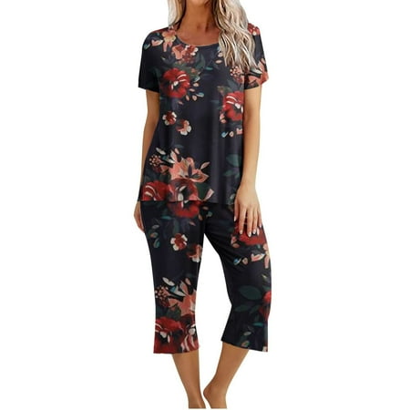 Fall Outfits for Women Pajamas Short Sleeve Capri Pajamas Soft Comfy Sleepwear with Pockets Trousers Sets
Fall Outfits for Women Pajamas Short Sleeve Capri Pajamas Soft Comfy Sleepwear with Pockets Trousers Sets