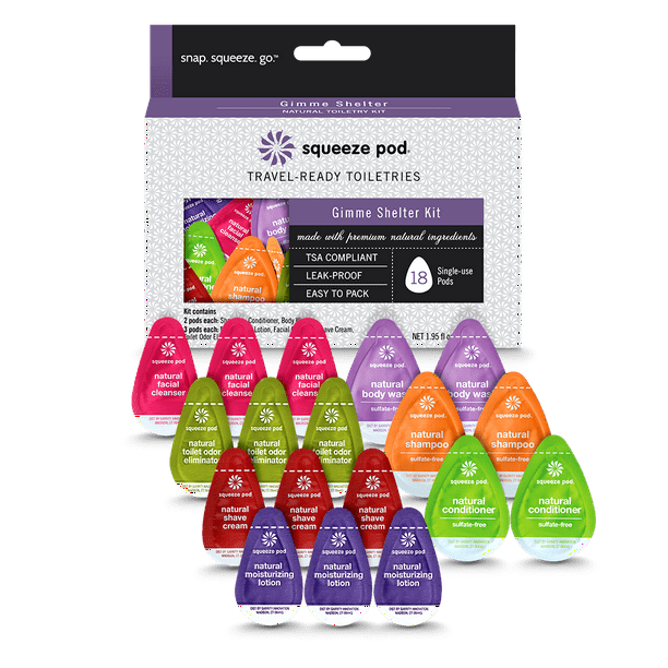 squeeze pod ?gimme shelter? travel size toiletry kit - 18 assorted single use pods