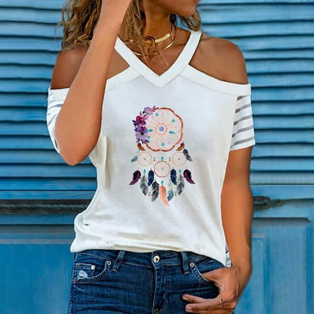Summer Women Cold Shoulder T-Shirts Print Fashion Casual Tops Short Sleeve V Neck Loose Fit Tunic Tee Sexy Blouses
Summer Women Cold Shoulder T-Shirts Print Fashion Casual Tops Short Sleeve V Neck Loose Fit Tunic Tee Sexy Blouses