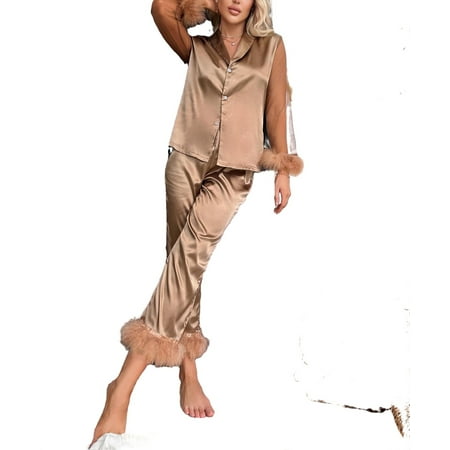 Women s Pajama Sets Mocha Brown Elegant Plain Shawl Collar Pant Sets Sleeveless