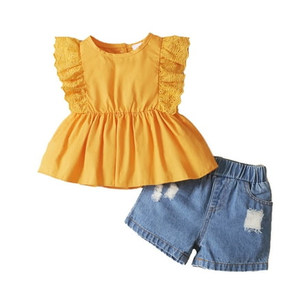Kucnuzki 3 Months Baby Girl Summer Outfits Shorts Sets 6 Months FLY Ruffled Sleevle Solid Color Ruffled Skirt Layer Tops Elastic Ripped Denim Shorts 2PCS Set Yellow
Kucnuzki 3 Months Baby Girl Summer Outfits Shorts Sets 6 Months FLY Ruffled Sleevle Solid Color Ruffled Skirt Layer Tops Elastic Ripped Denim Shorts 2PCS Set Yellow