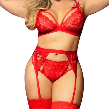 OQC Women Plus Size Lace Sexy Lingerie Black Bra Thong Underwear Briefs 2pcs Set