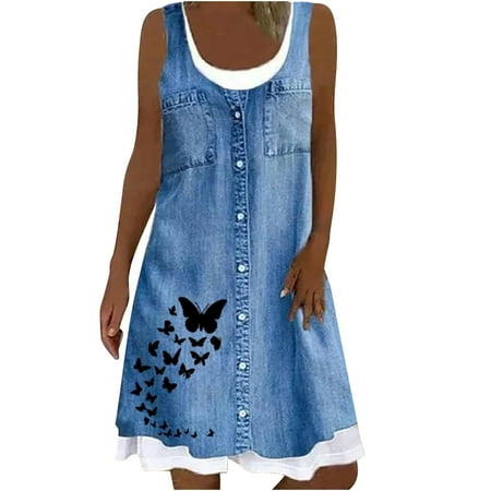 asdoklhq Maternity Dress Fashion Women Casual Sexy Round-Neck Floral Printing Fake Two-Piece Sleeveless Dress