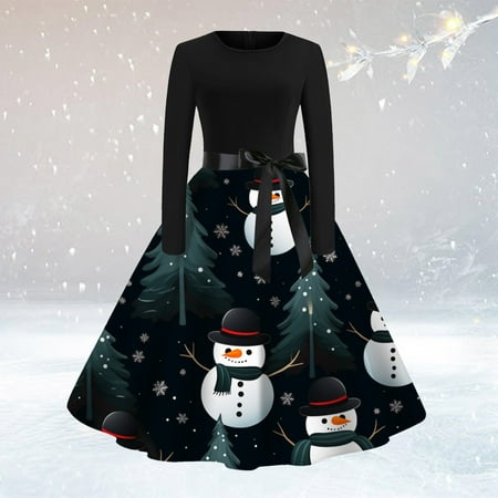Christmas Womens Classic Tea Dress Long Sleeve O Neck Dress With Belt Swing Party Dress
