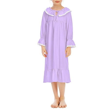 Kid Girl s Nightgown Long Sleeve Lace Trim Sleepwear Ruffle Pajama Dress