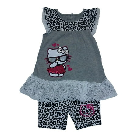 Weplay Little Girls Grey Glitter Hello Kitty Lace Cheetah Shorts Outfit 2-4T