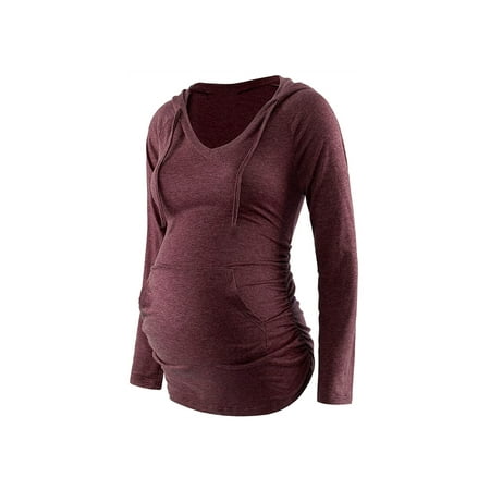 LilyLLL Maternity Long Sleeve Kangaroo Pocket Hooded Tunic Tops